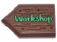 Part No: 22385pb361  Name: Tile, Modified 2 x 3 Pentagonal with Sign with Black Nails, Medium Nougat Wood Grain and Bright Green 'Workshop' Pattern (Sticker) - Set 10339