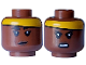 Part No: 28621pb0344  Name: Minifigure, Head Dual Sided Female Black Eyebrows, Eyelashes, Dark Brown Lips, Bright Light Orange Headband, Grin / Angry Bared Teeth Pattern - Vented Stud