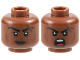 Part No: 3626pb3681  Name: Minifigure, Head Dual Sided Female Black Eyebrows, Dark Brown Lips, Cheek Lines and Scar, Lopsided Grin / Open Mouth Scowl Pattern