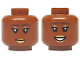 Part No: 3626pb3738  Name: Minifigure, Head Dual Sided Female Dark Brown Eyebrows, Black Eyelashes, Copper Eye Shadow, Gold Lips, Closed Mouth Smile / Open Mouth Grin with Teeth Pattern