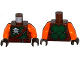 Part No: 973pb2303c01  Name: Torso Ninjago Green Armor with Belts, Ninja Skull with Crossed Swords and Scabbards Pattern / Orange Arms / Dark Brown Hands