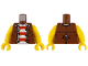 Part No: 973pb6136c01  Name: Torso Pirate Vest Open with Silver Trim and 3 Buckles over Shirt with Red and White Horizontal Stripes Pattern / Yellow Arms / Yellow Hands
