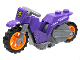 Part No: 75522pb01c01  Name: Stuntz Flywheel Motorcycle Dirt Bike with Dark Bluish Gray Frame and Handlebars, Orange Wheels, and Lime Skull, Silver Crossbones Pattern
