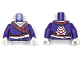 Part No: 973pb6484c01  Name: Torso Female Tunic with Red and Silver Hem and Sash, White Shirt, Samurai Helmet and Crossed Swords Logo on Back Pattern (BAM) / Dark Purple Arms / White Hands