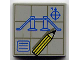 Part No: 3068px28  Name: Tile 2 x 2 with Blue Blueprints, Letter N, and Compass Needle, Yellow Pencil on Dark Gray Grid Pattern