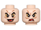 Part No: 28621pb0066  Name: Minifigure, Head Dual Sided Pointed Black Eyebrows, Dark Tan Eye Shadow, Dark Orange Wrinkles, Open Mouth with White Tooth Smile / Scowl Pattern - Vented Stud