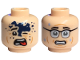 Part No: 28621pb0071  Name: Minifigure, Head Dual Sided Black Eyebrows, Open Mouth with Red Tongue, Dark Blue Splotch on Forehead / Scared with Glasses and Sweat Drops Pattern - Vented Stud