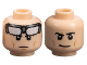 Part No: 28621pb0072  Name: Minifigure, Head Dual Sided Black Eyebrows, Medium Nougat Cheek Lines and Chin Dimple, White Goggles, Frown / Smirk Pattern (Batman) - Vented Stud