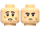 Part No: 28621pb0079  Name: Minifigure, Head Dual Sided Dark Brown Thick Eyebrows, Dark Tan Scuff Marks, Chin Dimple, Worried Open Mouth with Teeth / Frown Pattern - Vented Stud