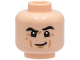 Part No: 28621pb0092  Name: Minifigure, Head Black Eyebrows, Left Raised, Medium Nougat Cheek Lines and Chin Dimple, Smile Pattern - Vented Stud