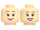 Part No: 28621pb0099  Name: Minifigure, Head Dual Sided Female Reddish Brown Eyebrows, Eyelashes, Dark Pink Lips, Grin / Open Mouth Smile with Teeth Pattern - Vented Stud