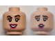 Part No: 28621pb0104  Name: Minifigure, Head Dual Sided Female Black Eyebrows and Eyelashes, Medium Nougat Eye Shadow, Magenta Lips, Beauty Mark, Open Mouth Smile with Teeth / Surprised Pattern - Vented Stud