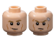Part No: 28621pb0143  Name: Minifigure, Head Dual Sided Dark Tan Eyebrows, Medium Nougat Cheek Lines and Chin Dimple, Smirk / Scowl with Scar and Bandage Pattern - Vented Stud