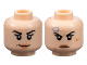 Part No: 28621pb0144  Name: Minifigure, Head Dual Sided Female Black Eyebrows and Eyelashes, Nougat Lips, Grin with Dimple / Scowl with Scars and Bandage Pattern - Vented Stud