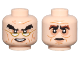 Part No: 28621pb0150  Name: Minifigure, Head Dual Sided Black Bushy Eyebrows, Nougat Eye Shadow and Lower Lip, Medium Nougat Cheek Lines and Wrinkles, Gold Glasses and Open Mouth Smile with Teeth / Reddish Brown Eyebrows and Neutral Pattern - Vented Stud