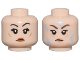 Part No: 28621pb0165  Name: Minifigure, Head Dual Sided Female Black Eyelashes, Dark Brown Eyebrows, Dark Orange Lips, Neutral / Reddish Brown Eyebrows, Nougat Lips and Freckles, Bright Light Blue Water Splotches, Angry Frown Pattern - Vented Stud