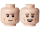 Part No: 28621pb0238  Name: Minifigure, Head Dual Sided Dark Brown Eyebrows, Medium Nougat Cheek Lines, Chin Dimple, and Freckles, Neutral / Open Mouth Smile with Top Teeth Pattern - Vented Stud