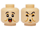 Part No: 28621pb0244  Name: Minifigure, Head Dual Sided Black Eyebrows, Medium Nougat Eyelids, Cheek Lines and Chin Dimple, Open Mouth with White Teeth and Red Tongue / Closed Eyes and Mouth Pattern - Vented Stud