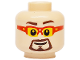 Part No: 28621pb0248  Name: Minifigure, Head Dark Brown Eyebrows and Goatee, Black Mouth, Red Glasses with Yellow Lenses Pattern - Vented Stud