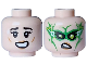 Part No: 28621pb0258  Name: Minifigure, Head Dual Sided Female Black Eyebrows, Medium Nougat Lips, Open Mouth with Teeth, Grin / Frown, Lime Eyes, Bright Green Mask, White Lightning Bolts Pattern - Vented Stud