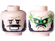 Part No: 28621pb0280  Name: Minifigure, Head Dual Sided Black Eyebrows, Moustache and Beard, Medium Nougat Wrinkles, White Sweat Drop, Worried Open Mouth Smile with Teeth / Angry Frown, Lime Eyes, Bright Green Mask, Lightning Bolts Pattern - Vented Stud