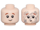 Part No: 28621pb0292  Name: Minifigure, Head Dual Sided Child Reddish Brown Eyebrows, Medium Nougat Chin Dimple, Grin / Worried with Dark Bluish Gray Scuff Marks Pattern - Vented Stud