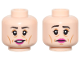 Part No: 28621pb0310  Name: Minifigure, Head Dual Sided Female Black Eyebrows, Upper Eyelids, Medium Nougat Eye Shadow, Cheek Lines, Wrinkles, and Chin Dimple, Magenta Lips, Open Mouth Smile with Teeth / Sad Frown Pattern - Vented Stud