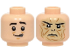 Part No: 28621pb0337  Name: Minifigure, Head Dual Sided Black Eyebrows, Medium Nougat Chin Dimple, Worried Smile / Tan Face with Nostrils, Wrinkles, Fierce Pattern - Vented Stud