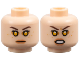 Part No: 28621pb0349  Name: Minifigure, Head Dual Sided Female Dark Brown Eyebrows, Bright Light Orange Eyes, Medium Nougat Eye Shadow, Freckles, Nougat Lips, Neutral / Open Mouth Scowl Pattern - Vented Stud