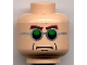 Part No: 3626bpb0199  Name: Minifigure, Head Glasses, Green and Silver, Brown Arched Eyebrows, Frown Pattern (Dr. Octopus) - Blocked Open Stud