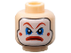 Part No: 3626cpb0644  Name: Minifigure, Head Male Clown White Face Paint, Red Eyebrows, Circles on Cheeks, and Mouth, Blue Eye Shadow, Angry Frown Pattern - Hollow Stud
