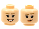 Part No: 3626cpb2798  Name: Minifigure, Head Dual Sided Female Dark Tan Eyebrows, Nougat Lips, Open Mouth Smile with Teeth / Lopsided Grin with Raised Eyebrow Pattern - Hollow Stud