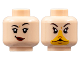Part No: 3626cpb3106  Name: Minifigure, Head Dual Sided Female, Black Eyebrows, Lopsided Grin with Dark Red Lips / Bright Light Orange Goose Duck Bill Pattern - Hollow Stud
