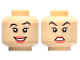 Part No: 3626cpb3297  Name: Minifigure, Head Dual Sided Female Black Eyebrows, Left Raised, Coral Lips, Open Mouth Smile / Angry Pattern - Hollow Stud