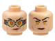 Part No: 3626pb0489  Name: Minifigure, Head Dual Sided Female Black Long Eyebrows, Eyelashes, Medium Nougat Cheek Lines, Red Lips, Smirk, Chin Dimple and Silver Goggles with Reddish Brown Strap / Neutral and Bright Light Orange Eyes Pattern