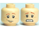Part No: 3626pb0492  Name: Minifigure, Head Dual Sided Dark Orange Eyebrows, Upper Eyelids, Nougat Freckles, Lopsided Grin and Medium Nougat Chin Dimple / Scared Open Mouth with Teeth Pattern