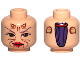 Part No: 3626pb0554  Name: Minifigure, Head Alien with Dark Purple Thin Eyebrows, Large Reddish Brown Eyes, Horns and Markings, Red Lips, Grin, Ponytail on Back Pattern