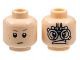 Part No: 3626pb0624  Name: Minifigure, Head Dual Sided Child Dark Tan Small Eyebrows, Reddish Brown Freckles, and Neutral / Silver Mechanical Goggles, Medium Nougat Dimple, and Lopsided Open Mouth Scowl with Teeth Pattern
