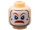Part No: 3626pb0644  Name: Minifigure, Head Male Clown White Face Paint, Red Eyebrows, Circles on Cheeks, and Mouth, Blue Eye Shadow, Angry Frown Pattern