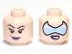 Part No: 3626pb0645  Name: Minifigure, Head Dual Sided Female Dark Purple Lips, Black Eyebrows, Eyelashes, Medium Nougat Dimple, Smirk / Bright Light Blue Visor, Lopsided Open Mouth Scowl with Teeth Pattern