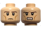 Part No: 3626pb0735  Name: Minifigure, Head Dual Sided Dark Brown Eyebrows, Upper Eyelids, Medium Nougat Cheek Lines, Neutral with Chin Dimple / Angry Bared Teeth Pattern