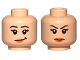 Part No: 3626pb1356  Name: Minifigure, Head Dual Sided Female Dark Brown Eyebrows, Black Eyelashes, Nougat Lips, Lopsided Grin / Angry Frown Pattern