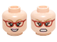 Part No: 3626pb1459  Name: Minifigure, Head Dual Sided Female Glasses Red Angled Frames, Dark Tan Eyebrows with Open Smile / Angry Pattern (Bernadette)