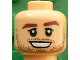 Part No: 3626pb1606  Name: Minifigure, Head Reddish Brown Thick Eyebrows and Stubble, Black Eyelids, Medium Nougat Dimples, Open Mouth Smile with Teeth Pattern