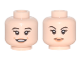 Part No: 3626pb1689  Name: Minifigure, Head Dual Sided Female Black Eyebrows and Long Eyelashes, Nougat Lips, Open Smile / Closed Mouth, Eyebrow Raised Pattern