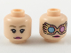 Part No: 3626pb2201  Name: Minifigure, Head Dual Sided Female Dark Tan Eyebrows, Dark Pink Lips, Neutral / Gold and Dark Pink Spectrespecs Pattern