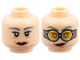 Part No: 3626pb2258  Name: Minifigure, Head Dual Sided Female Dark Bluish Gray Long Eyebrows, Eyelashes, Medium Nougat Dimples, Dark Red Lips, Neutral / Smirk, Chin Dimple, Silver Goggles with Bright Light Orange Lenses and Reddish Brown Strap, Medium Nougat Eyes Pattern