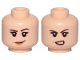 Part No: 3626pb2293  Name: Minifigure, Head Dual Sided Female Dark Brown Eyebrows, Black Eyelashes, Nougat Lips, Medium Nougat Dimples, Lopsided Grin / Angry Open Mouth Scowl with Teeth Pattern