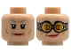 Part No: 3626pb2874  Name: Minifigure, Head Dual Sided Female Light Bluish Gray Eyebrows, Single Eyelashes, Lower Eyelids, Medium Nougat Cheek and Jowl Lines, Coral Lips, Stern / Lopsided Grin, Silver Goggles with Bright Light Orange Lenses, Medium Nougat Eyes Pattern