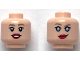 Part No: 3626pb3253  Name: Minifigure, Head Dual Sided Female Dark Tan Eyebrows, Red Lips, Open Mouth Smile / Smirk with Metallic Light Blue Eyes Pattern